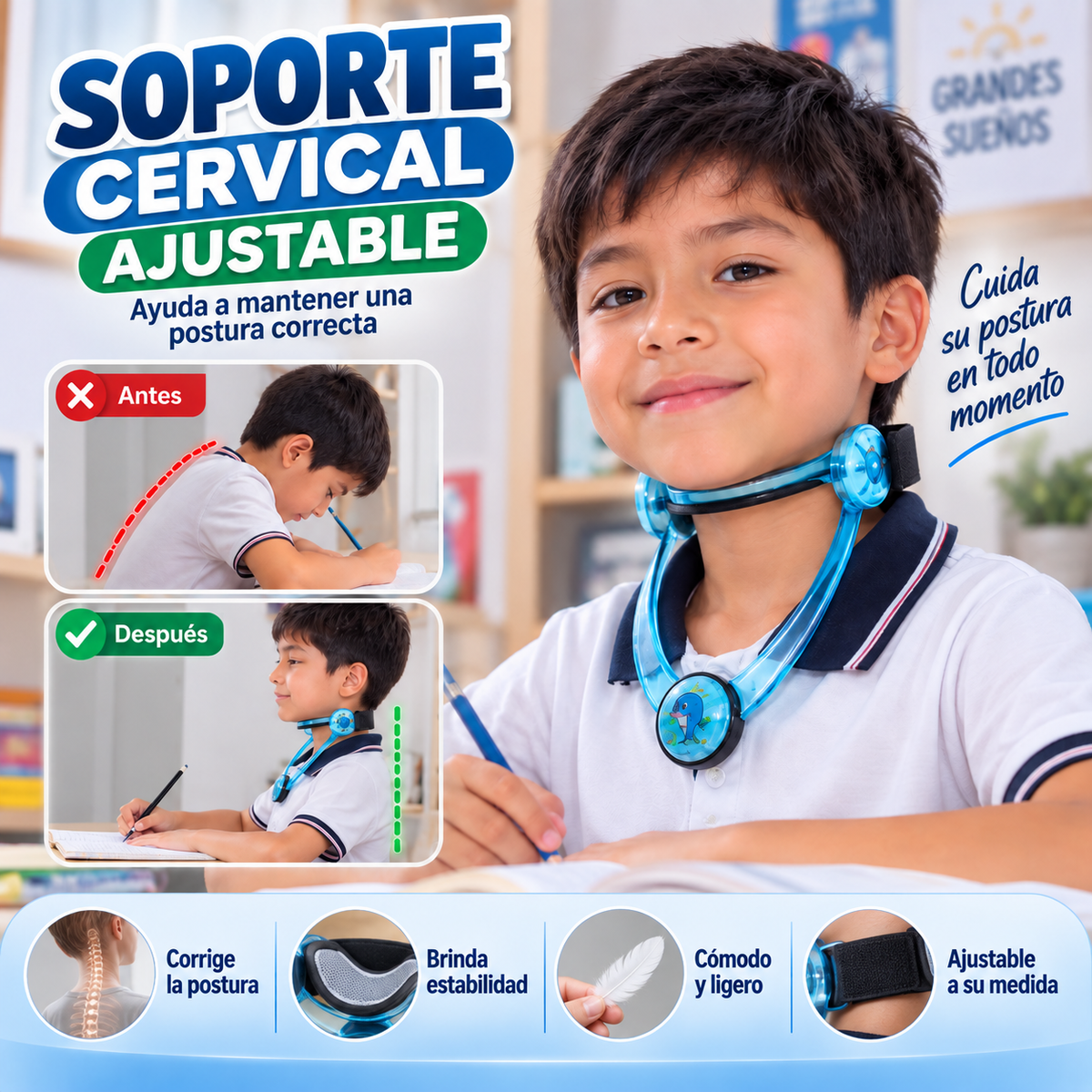 Soporte Cervical  Ajustable – Postura Cómoda y Estable