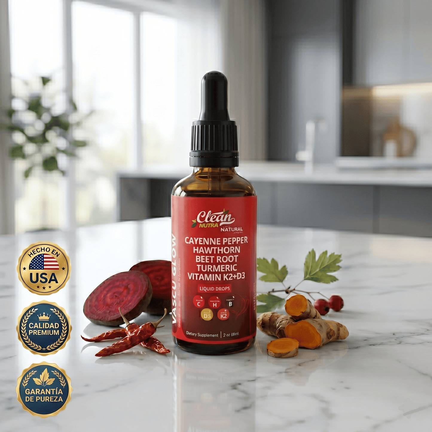Vascu Glow – Gotas Líquidas Todo en Uno con Vitaminas K2 + D3 y Extractos Botánicos
